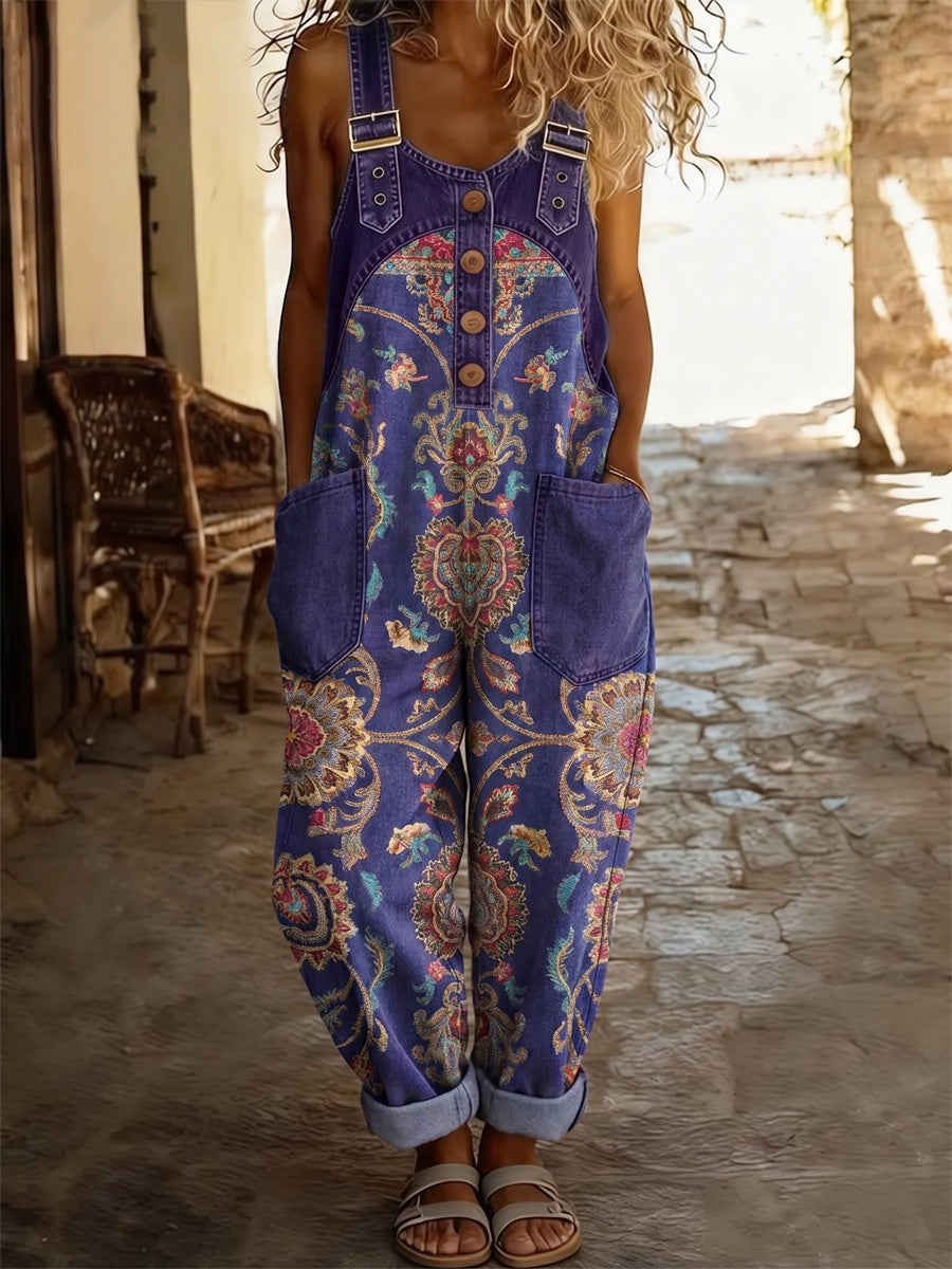 Women's Retro Style Print Washed Cotton Denim Patchwork Jumpsuit