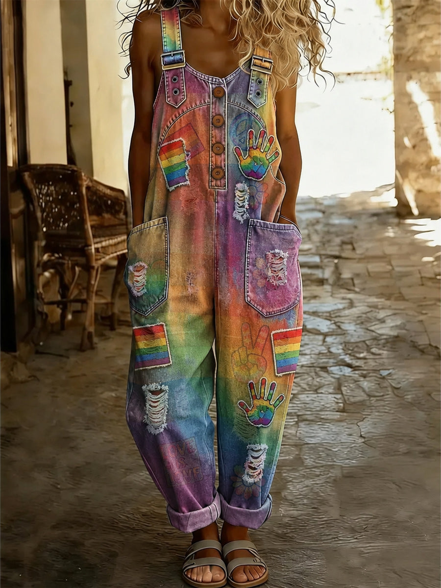 Women's Retro Style Art Print Washed Cotton Denim Patchwork Jumpsuit
