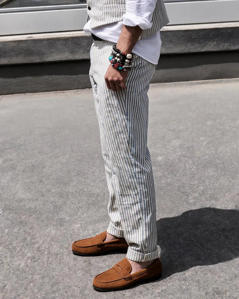 Vintage Blue Cream Vertical Stripe Tapered Casual Trousers