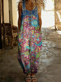 Women's Floral Art Print Washed Cotton Denim Patchwork Jumpsuit