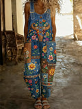 Women's Retro Floral Color-Blocked Art Print Washed Cotton Denim Patchwork Jumpsuit