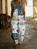 Women's Retro Floral Color-Blocked Art Print Washed Cotton Denim Patchwork Jumpsuit