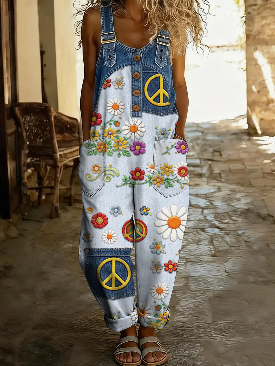 Women's Retro Floral Color-Blocked Art Print Washed Cotton Denim Patchwork Jumpsuit