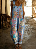 Women's Retro Style Art Print Washed Cotton Denim Patchwork Jumpsuit