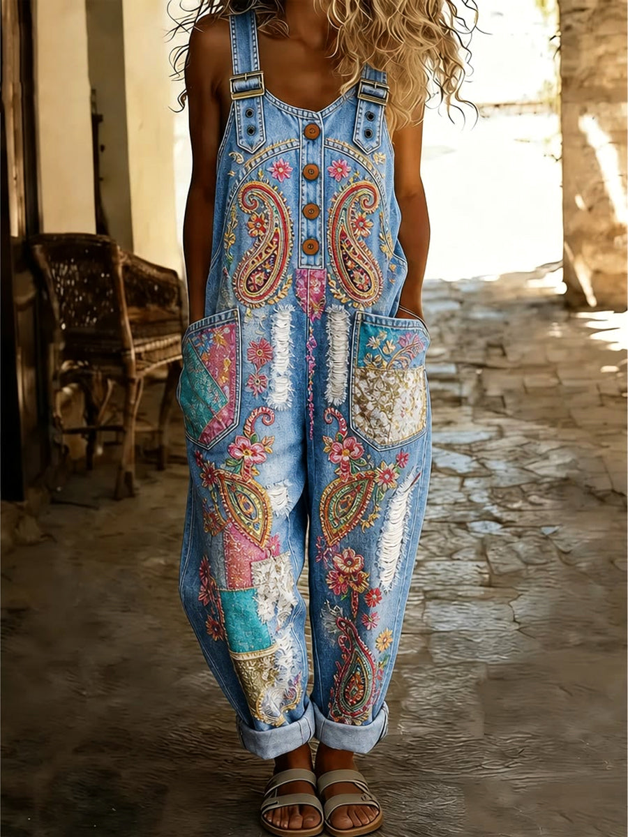 Women's Retro Style Art Print Washed Cotton Denim Patchwork Jumpsuit