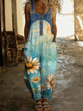 Women's Retro Floral Color-Blocked Art Print Washed Cotton Denim Patchwork Jumpsuit