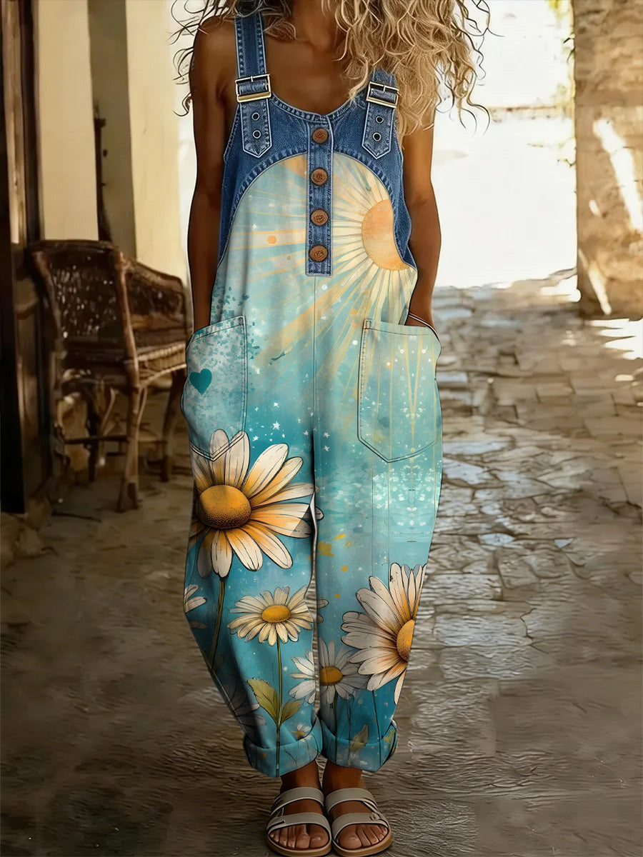 Women's Retro Floral Color-Blocked Art Print Washed Cotton Denim Patchwork Jumpsuit