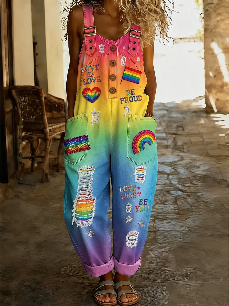 Women's Retro Pride Month Rainbow Art Print Washed Cotton Denim Patchwork Jumpsuit