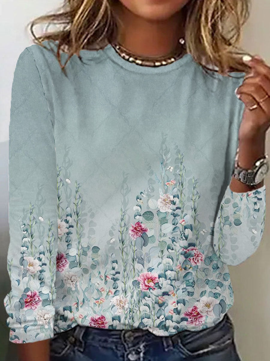 Women's Long Sleeve Fashion Printed Round Neck Casual T-Shirt