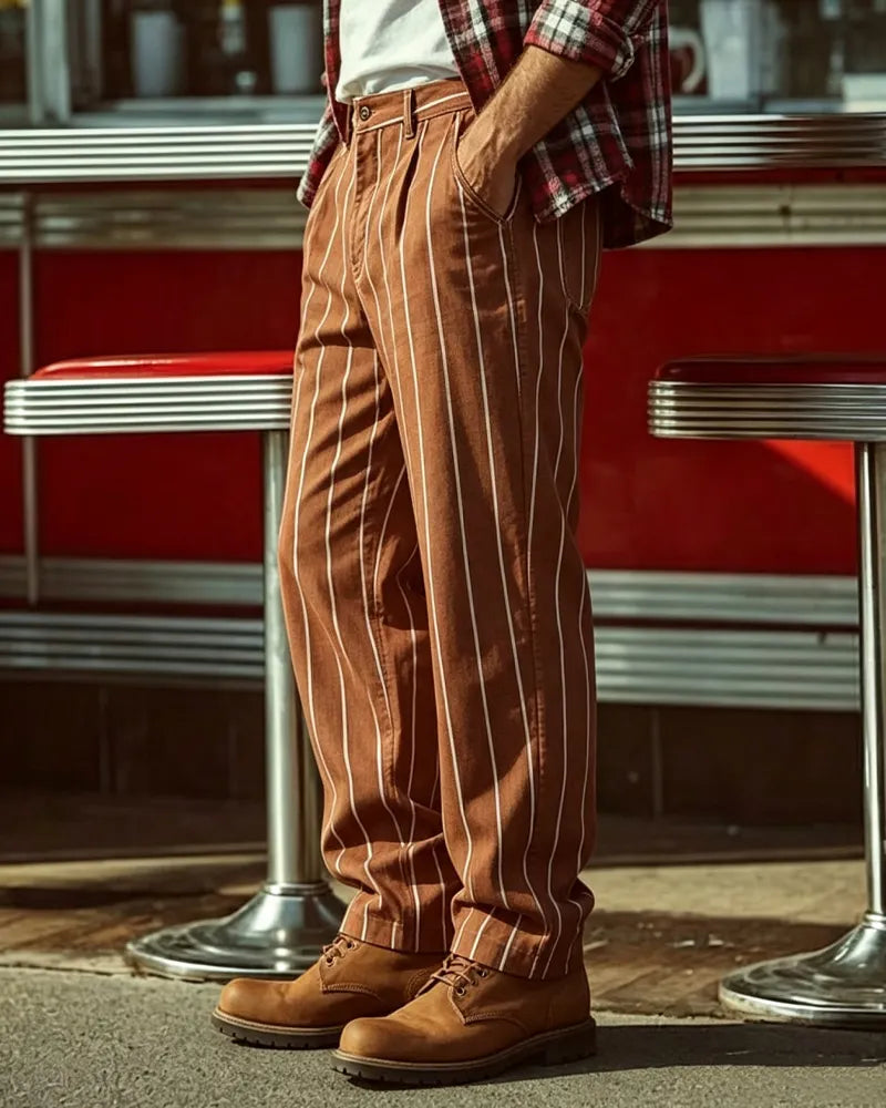 Vintage Brown Off©\White Vertical Pinstripe Wide©\Leg Trousers