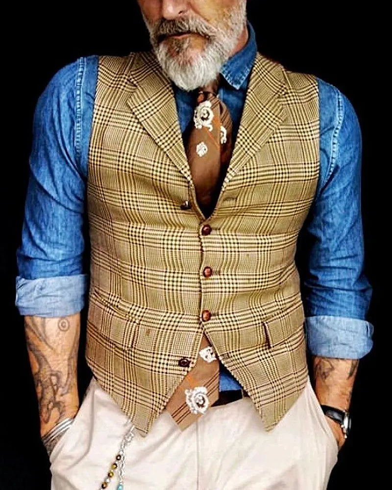 Vintage Tan©\Beige Glen©\Plaid Notched©\Lapel Vest