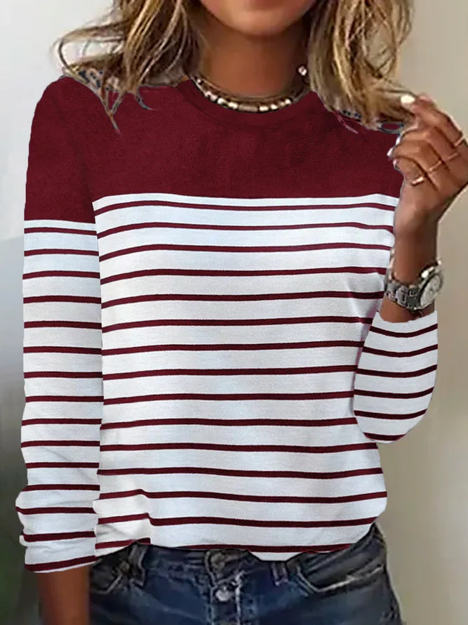 Women's Fashion Casual Striped Printed Loose O-Neck Long Sleeve Pullover T-Shirt