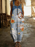 Women's Retro Floral Color-Blocked Art Print Washed Cotton Denim Patchwork Jumpsuit