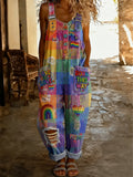 Women's Retro Pride Month Rainbow Art Print Washed Cotton Denim Patchwork Jumpsuit