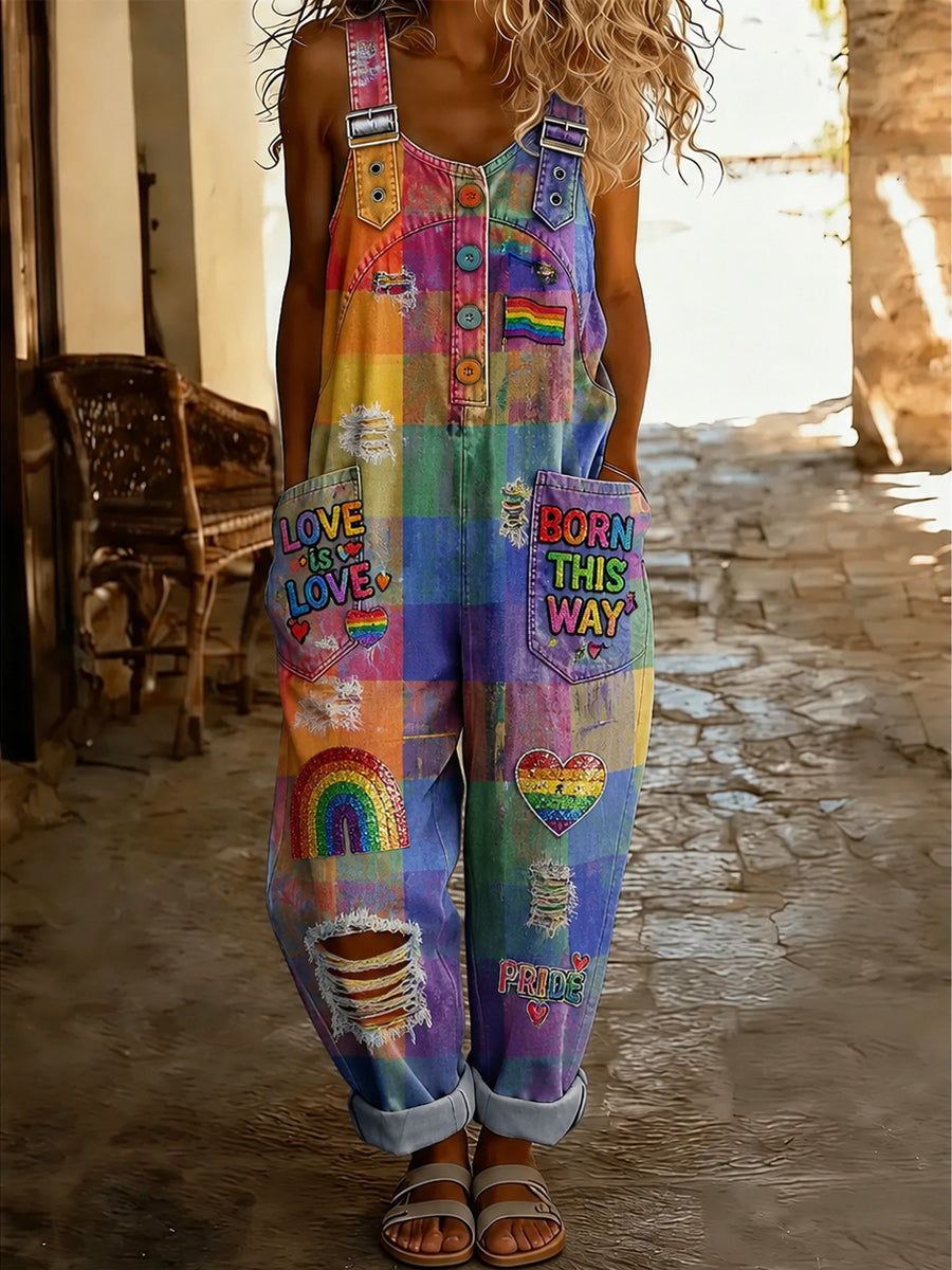 Women's Retro Pride Month Rainbow Art Print Washed Cotton Denim Patchwork Jumpsuit