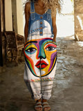 Women's Retro Floral Color-Blocked Art Print Washed Cotton Denim Patchwork Jumpsuit