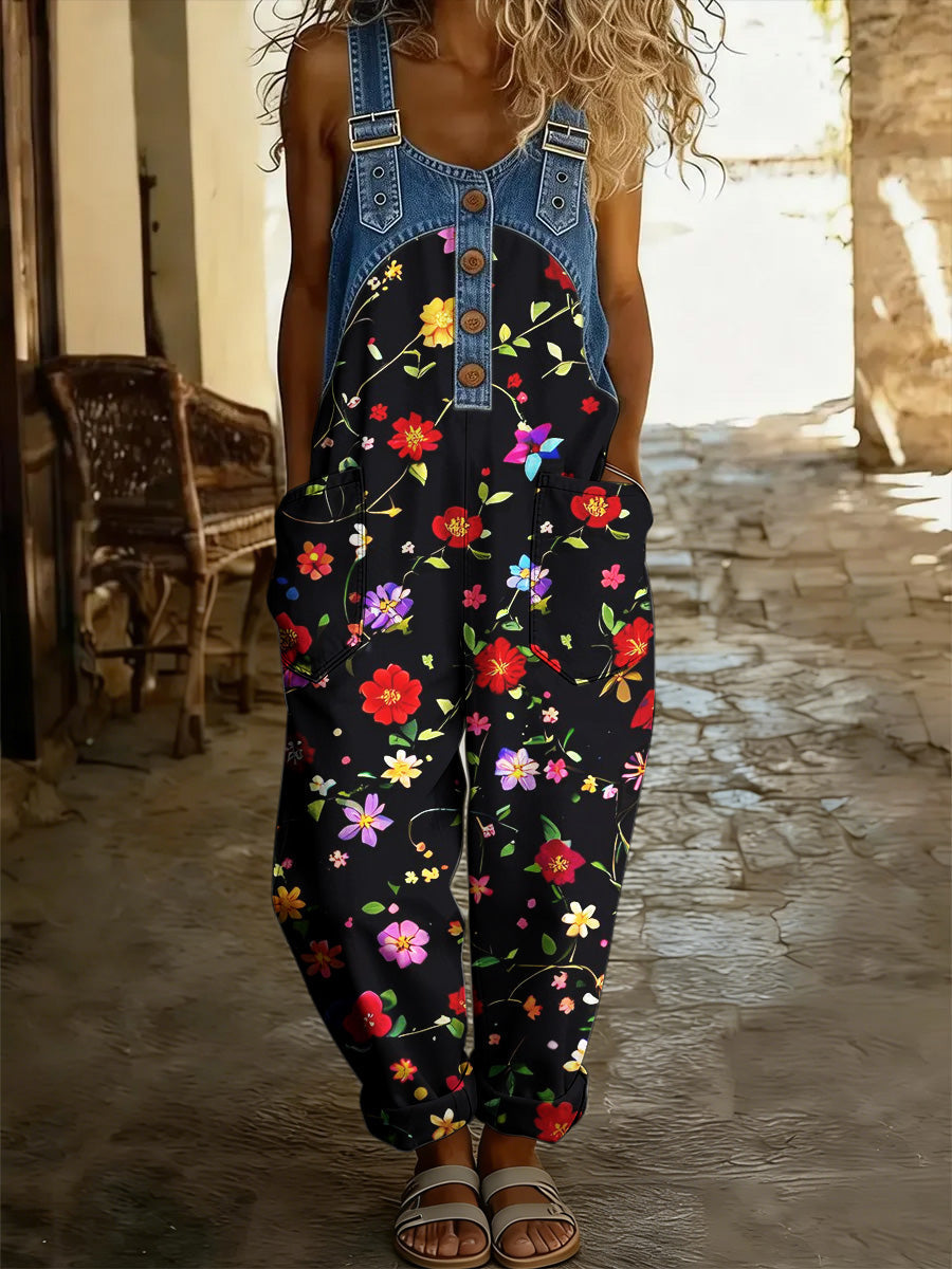 Women's Floral Art Print Washed Cotton Denim Patchwork Jumpsuit