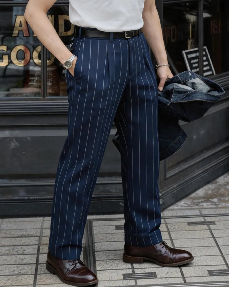 Vintage Navy Dual-Tone Pinstripe Double Pleat Side Adjuster Trousers