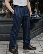 Vintage Navy Dual-Tone Pinstripe Double Pleat Side Adjuster Trousers