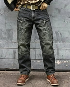 Vintage Faded Multi©\Zipper Cargo Straight©\Leg Denim Pants