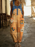 Women's Retro Floral Color-Blocked Art Print Washed Cotton Denim Patchwork Jumpsuit