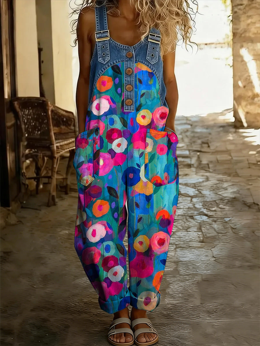 Women's Floral Art Print Washed Cotton Denim Patchwork Jumpsuit