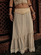 Cotton Linen Maxi Skirt with Raw Hem and Patchwork Detail