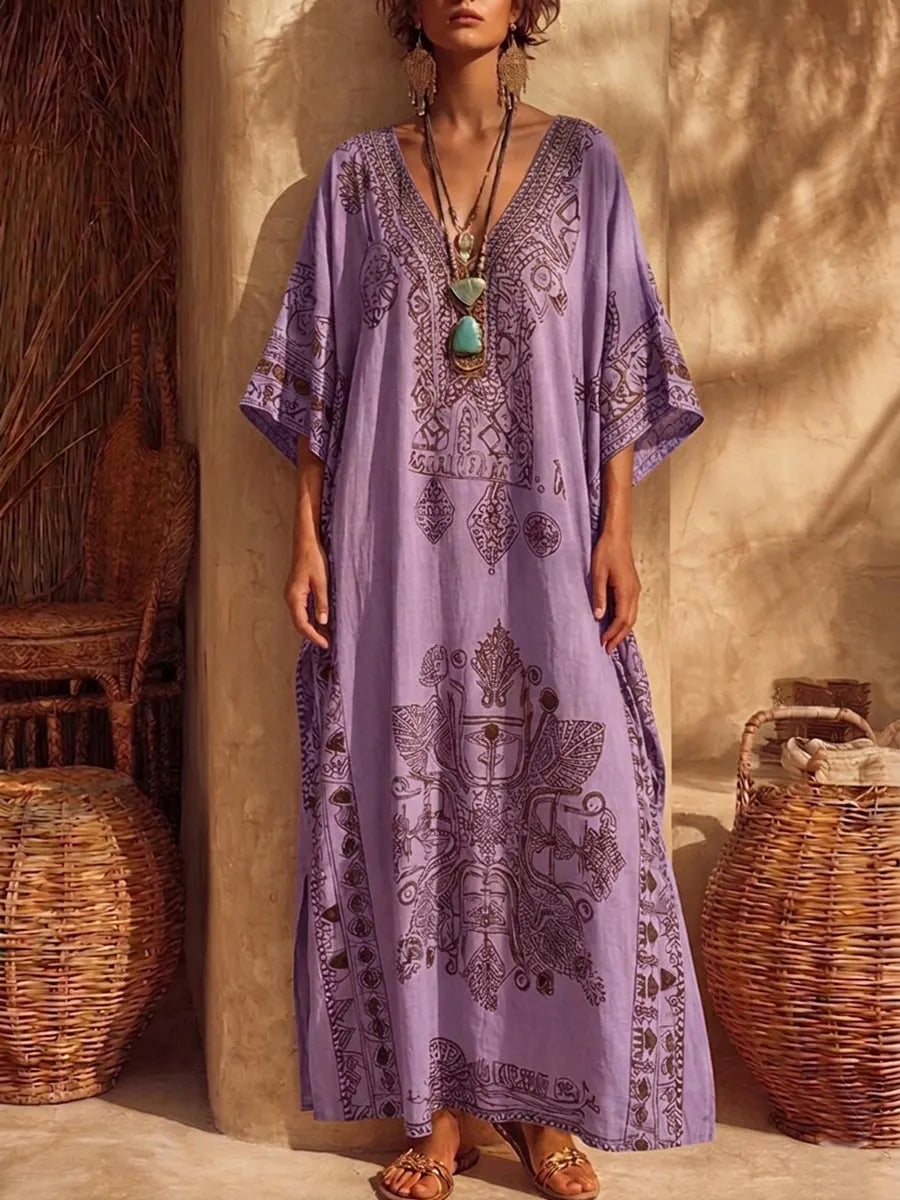 Bohemian Vintage-print Loose Cotton-linen Dress