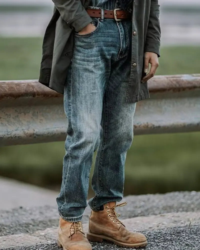 Vintage Faded Wash V©\Stitch Straight©\Leg Denim Pants