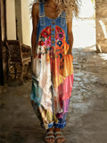 Women's Floral Art Print Washed Cotton Denim Patchwork Jumpsuit