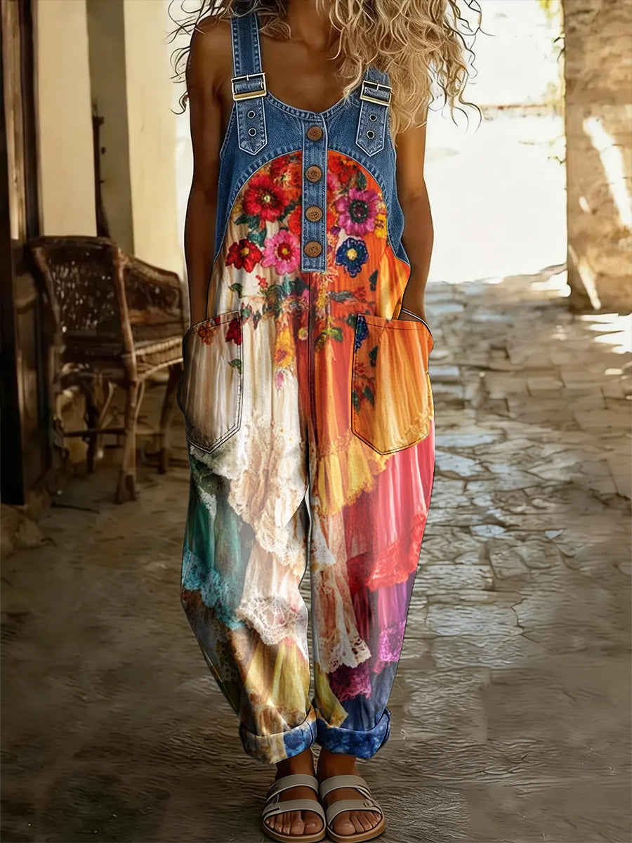 Women's Floral Art Print Washed Cotton Denim Patchwork Jumpsuit