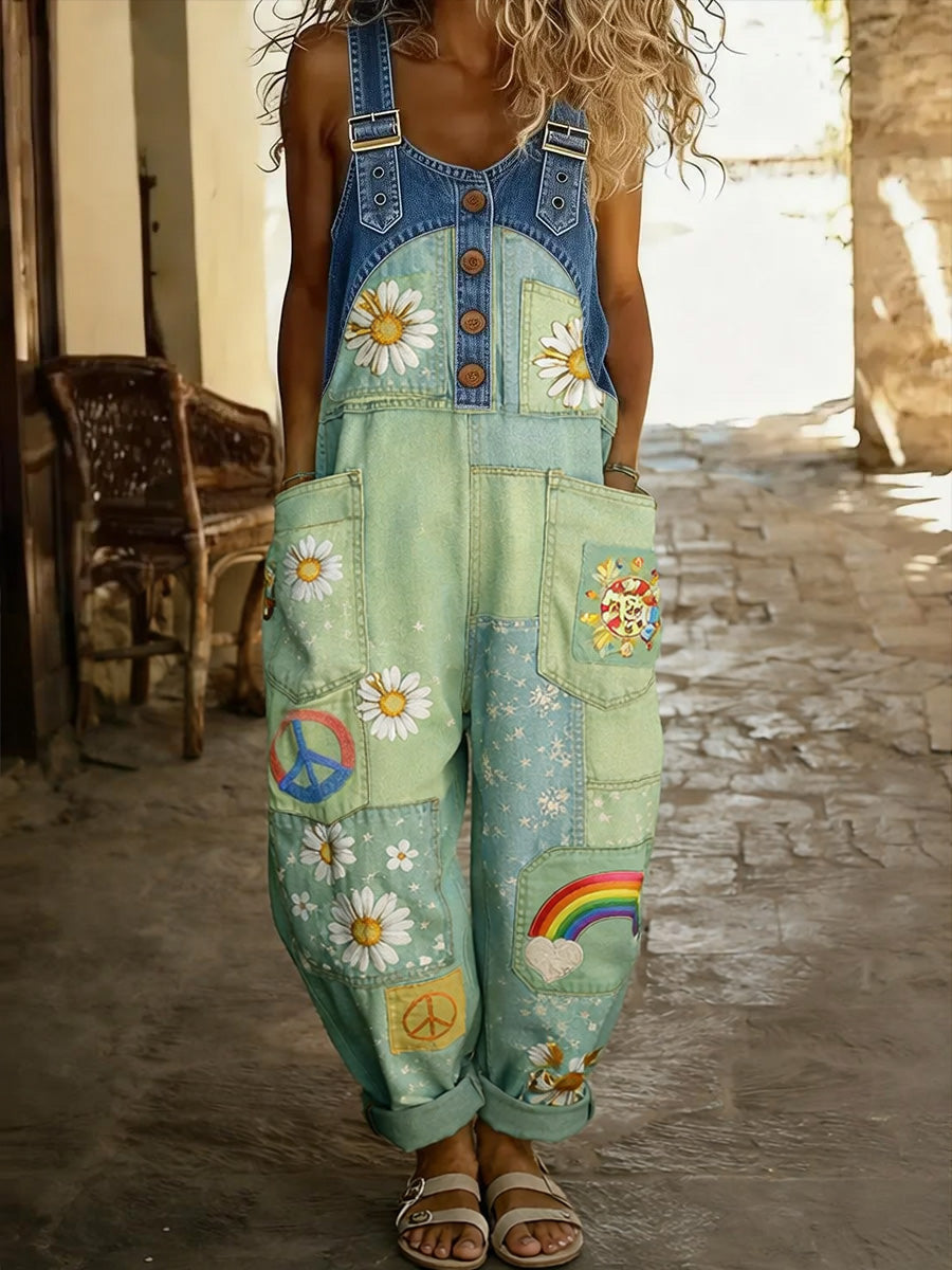 Women's Retro Floral Color-Blocked Art Print Washed Cotton Denim Patchwork Jumpsuit