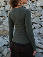 Boho basic u©\neck long sleeve crop top, stretch knit fitted casual festival top