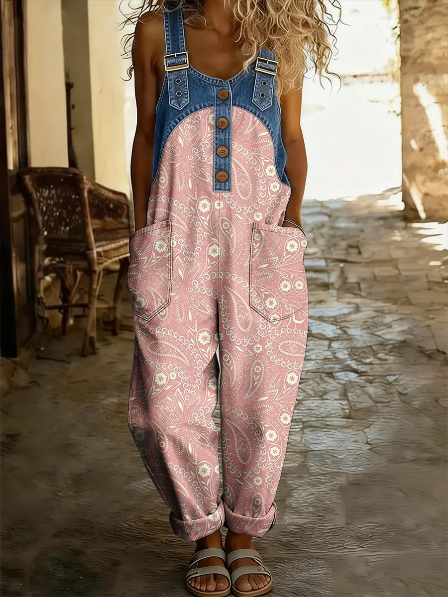 Women's Floral Art Print Washed Cotton Denim Patchwork Jumpsuit