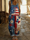 Women's Retro Style Print Washed Cotton Denim Patchwork Jumpsuit