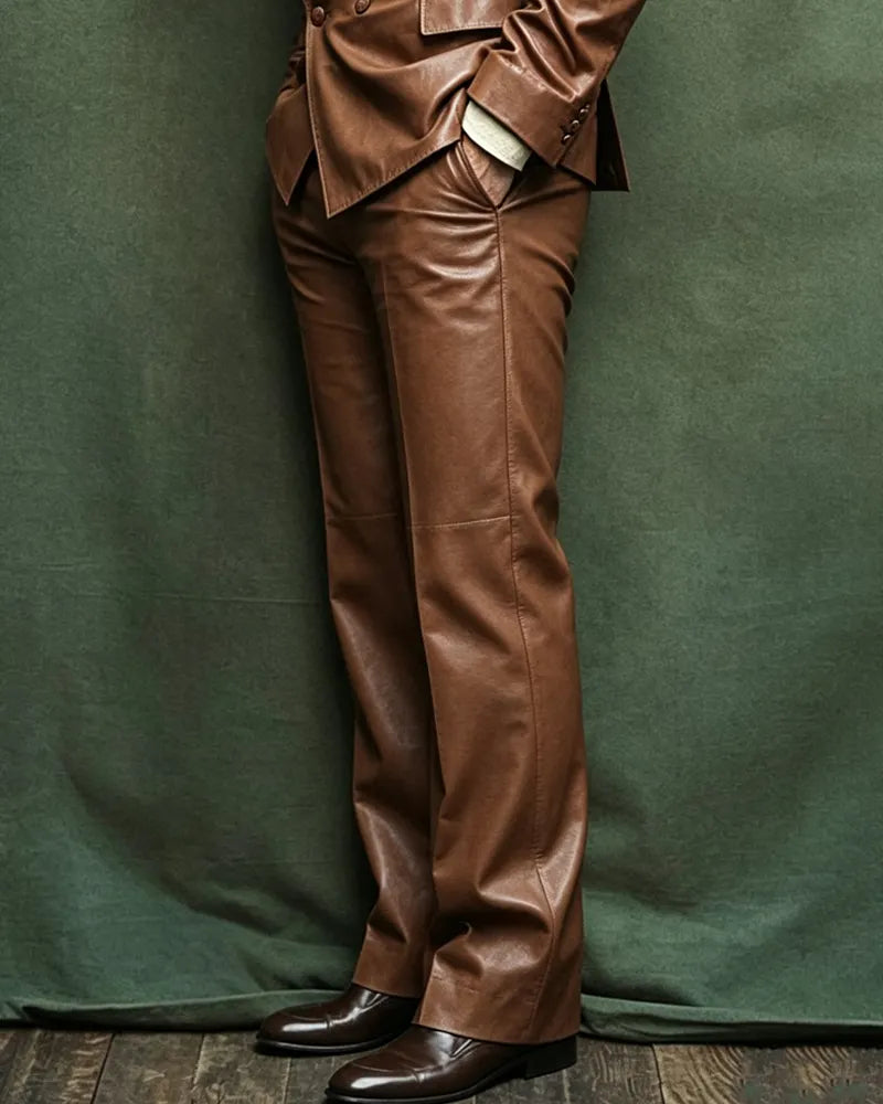 Vintage 70s Cognac Brown Tailored Flare©\Leg Leather Suit Trousers