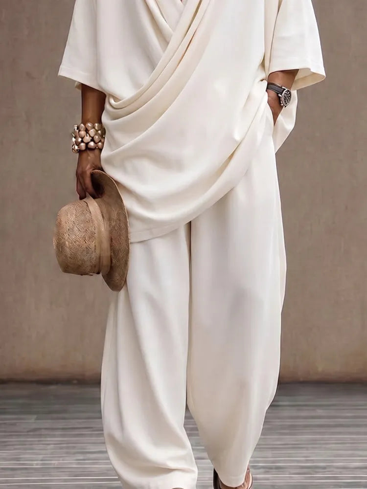 Effortless Loose Draped Cross-Front Longline Top Set