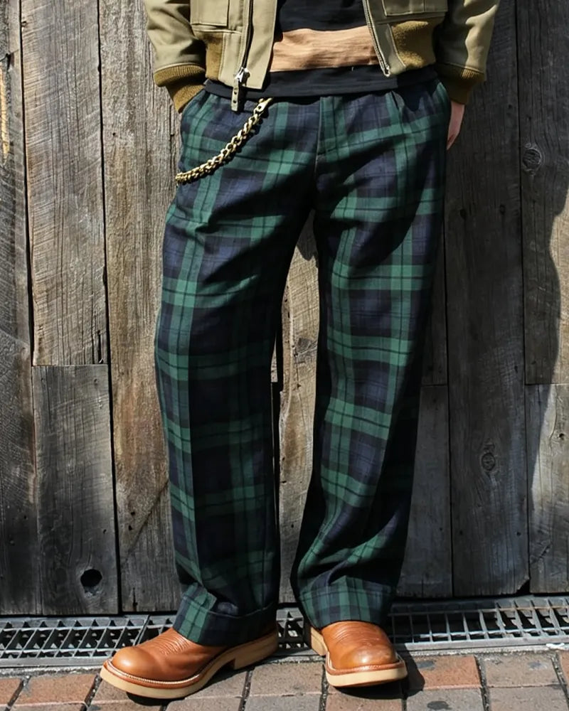 Vintage Blue-green Plaid Straight-leg Pants