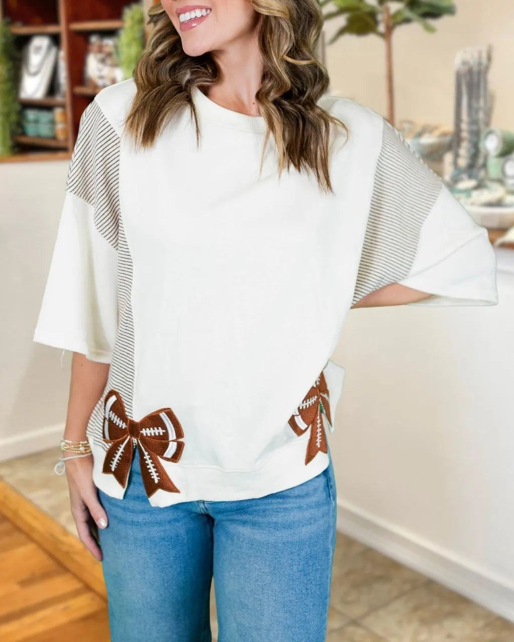 Football-themed Bow Embroidered Top