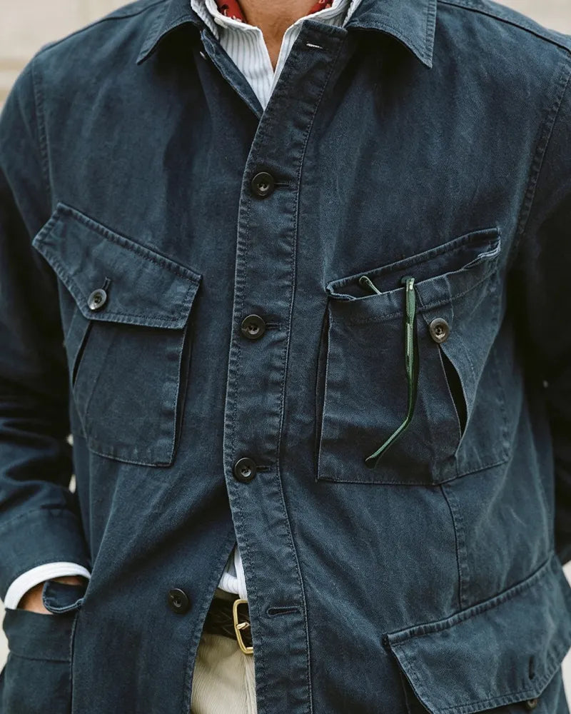 Vintage Dark Blue Collared Multi-pocket Jacket