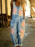 Women's Boho Color Art Print Washed Cotton Denim Patchwork Jumpsuit