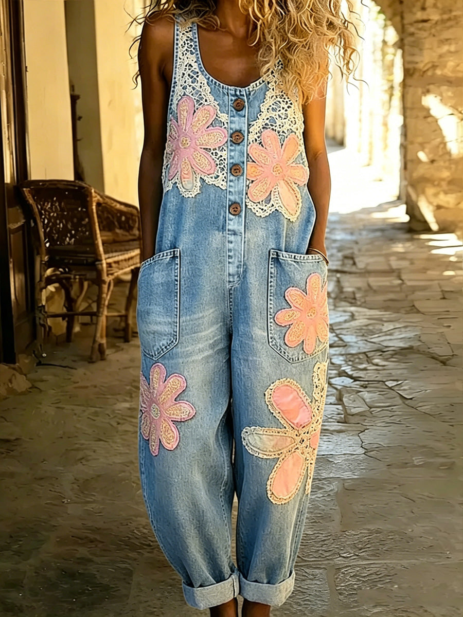 Women's Boho Color Art Print Washed Cotton Denim Patchwork Jumpsuit