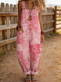Women's Retro Floral Color-Blocked Art Print Washed Cotton Denim Patchwork Jumpsuit