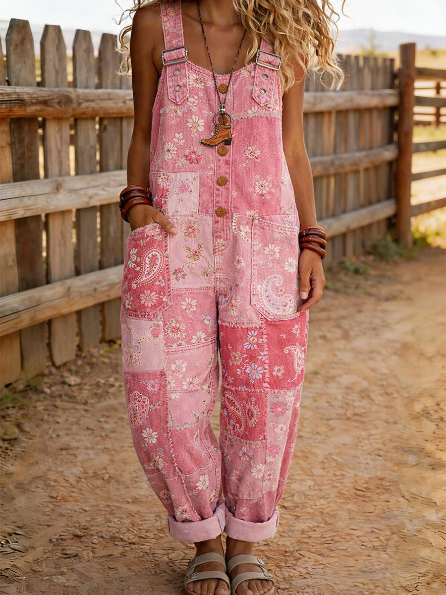 Women's Retro Floral Color-Blocked Art Print Washed Cotton Denim Patchwork Jumpsuit