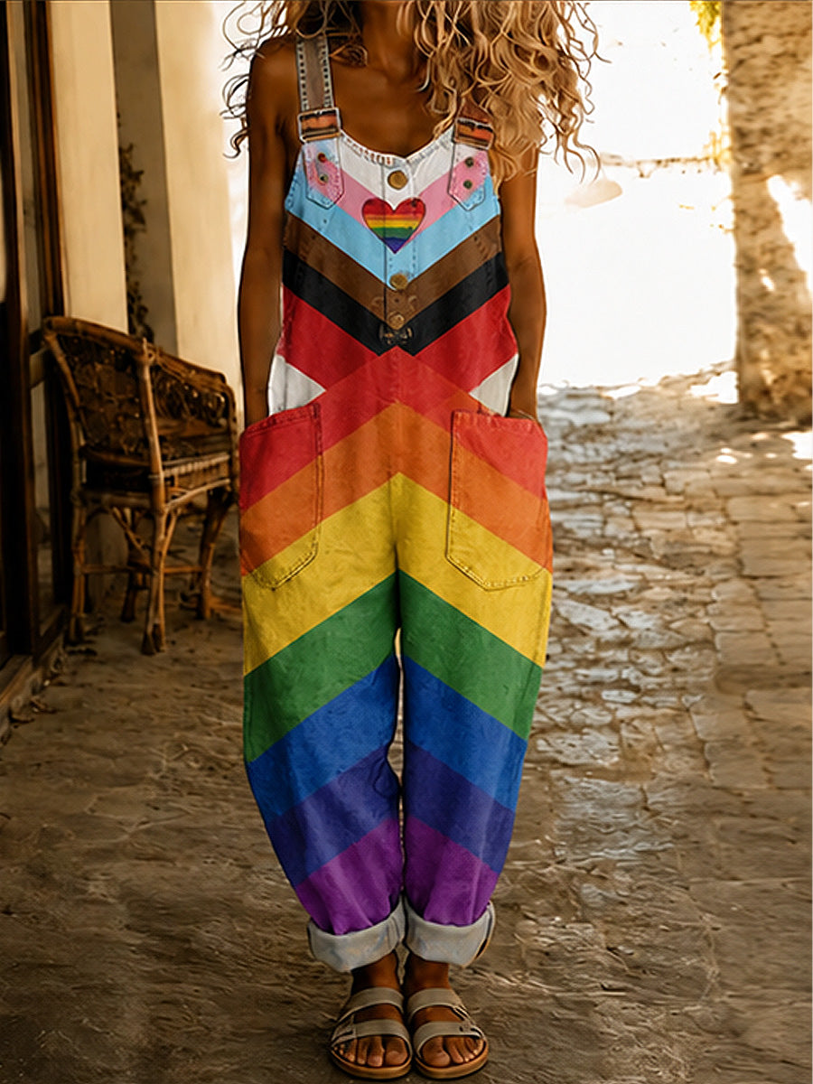 Women's Retro Pride Month Rainbow Art Print Washed Cotton Denim Patchwork Jumpsuit