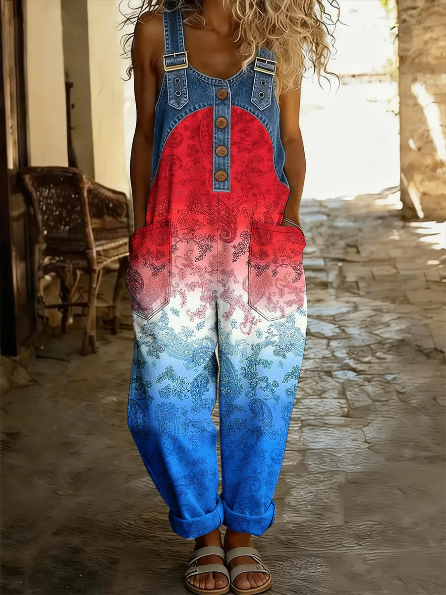 Women's Boho Color Art Print Washed Cotton Denim Patchwork Jumpsuit
