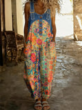 Women's Retro Floral Color-Blocked Art Print Washed Cotton Denim Patchwork Jumpsuit