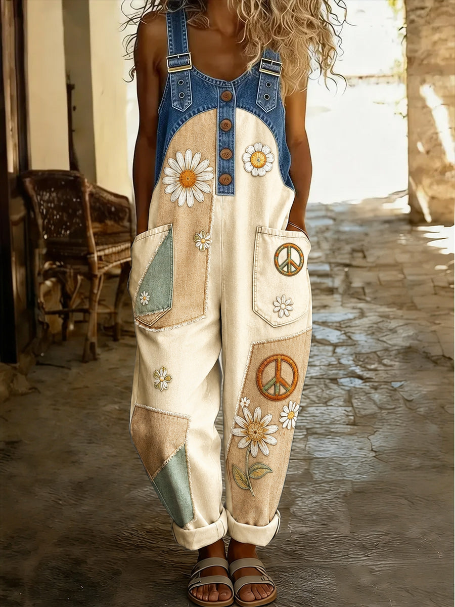 Women's Retro Style Art Print Washed Cotton Denim Patchwork Jumpsuit
