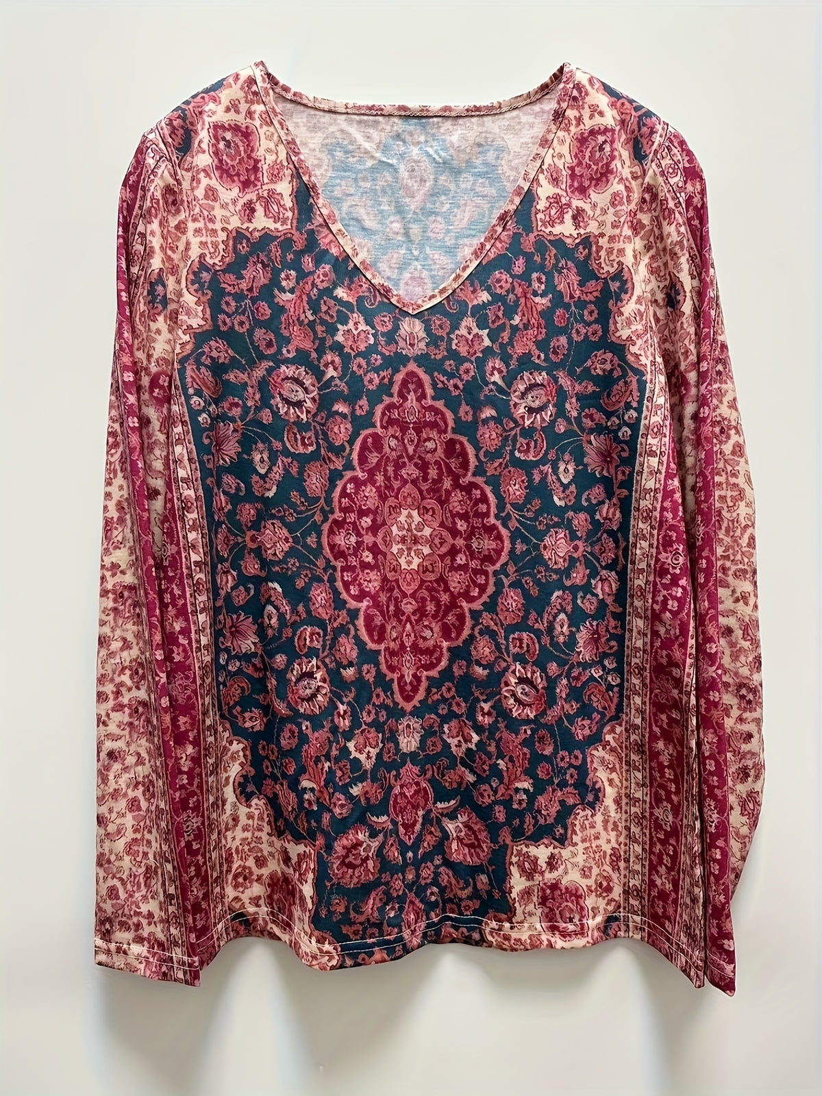 Women's Floral Print V Neck Long Sleeve T-Shirt - Casual Spring and Fall Top