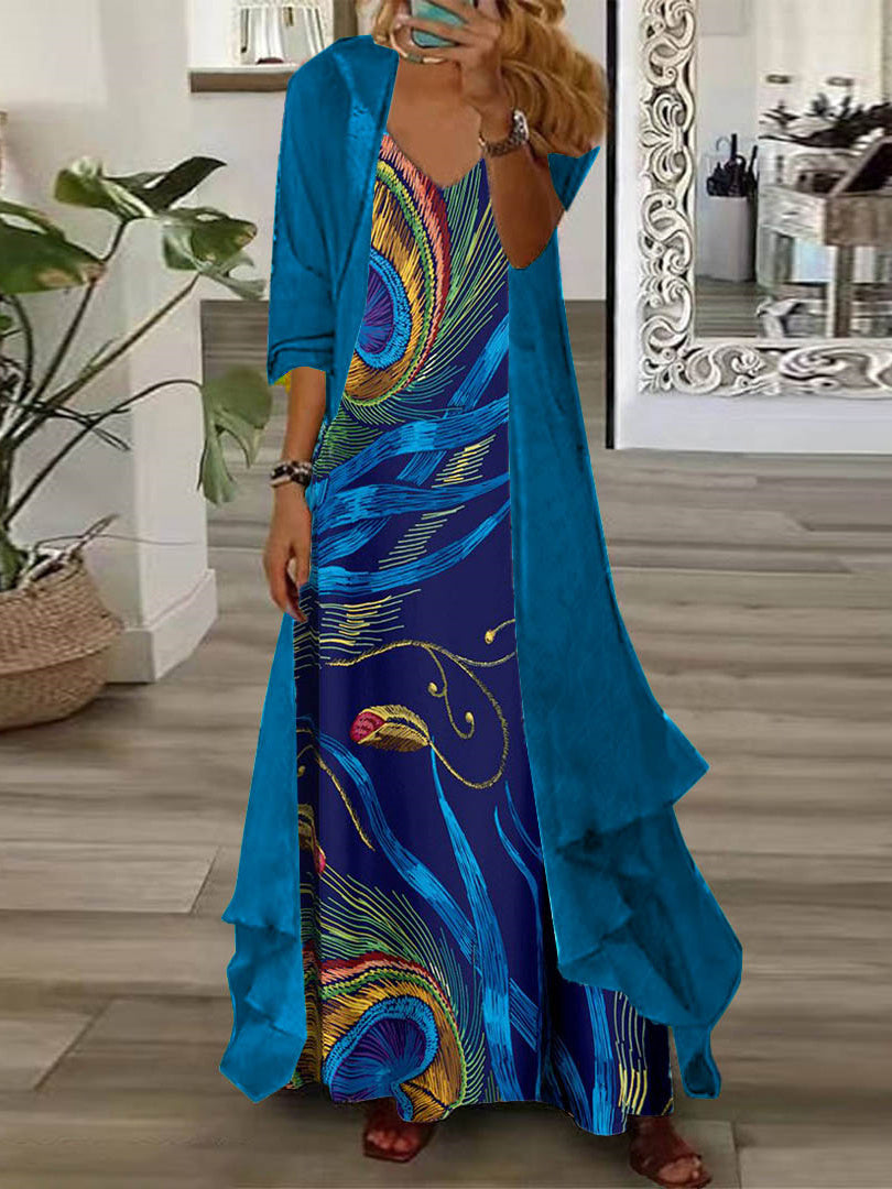 Nextmacys-Women's Long Sleeve V-neck Graphic Printed Two Pieces Maxi Dress